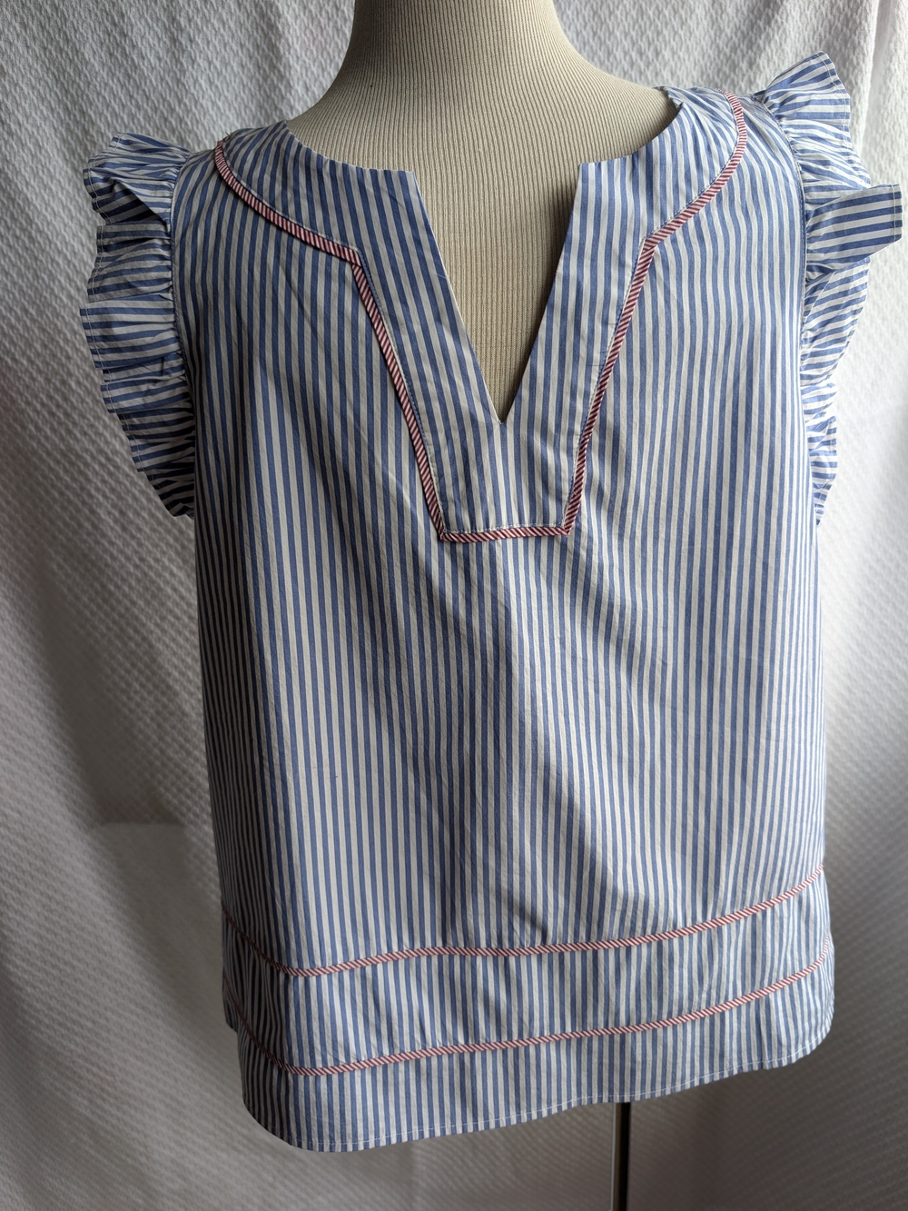 Vineyard Vines Blue & White Striped Ruffle Sleeve Blouse with Red Trim